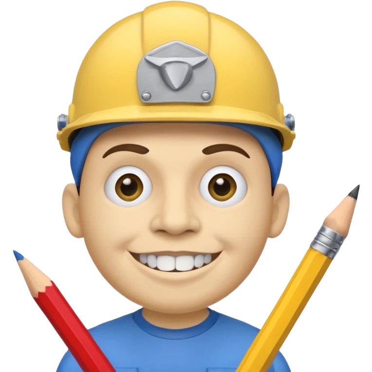 A round head puppet with 2 buck teeth a blue helmet and a round nose with a pencil in it also he has a unibrow  and a yellow shirt that says jeffy emoji