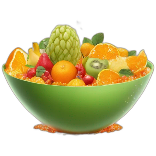 Create an image of a vibrant orange salad bowl filled with exotic fruits and vegetables, topped with a sparkling diamond. Include a hand elegantly holding the bowl from the side. emoji