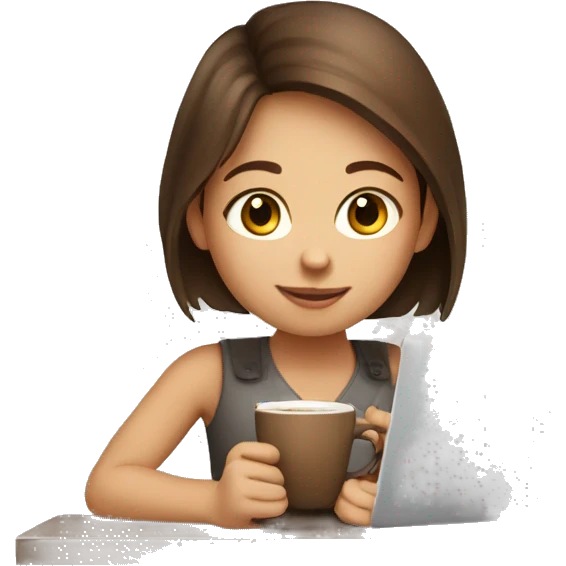 cute girl with brown hair working on laptop and drinking coffee emoji