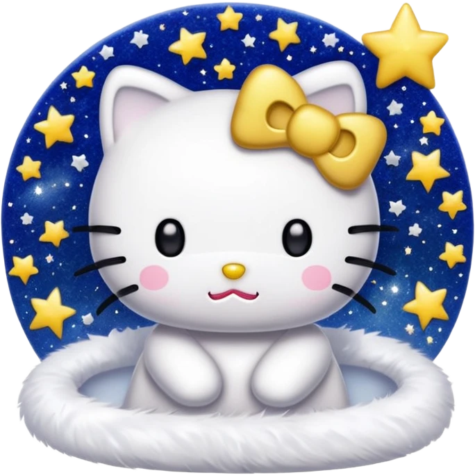 Hello Kitty with pure white fur, sparkling glitter, starry night background, emoji style emoji