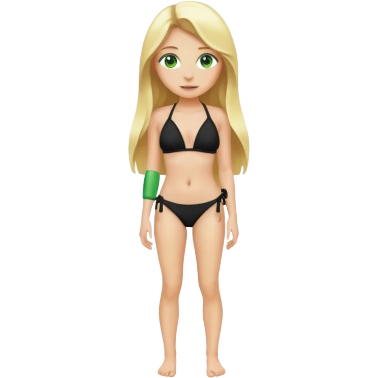 Full body blonde girl with long hair and green eyes, wearing a black bikini, standing, emoji style, emoji
