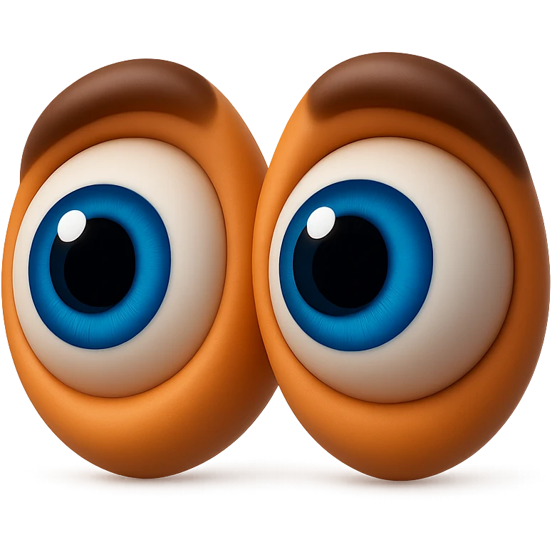 Create an eyes emoji that looks like the eyes in the reference images. Large, expressive, blue irises, 3D emoji style, no face, just the eyes, looking right. emoji