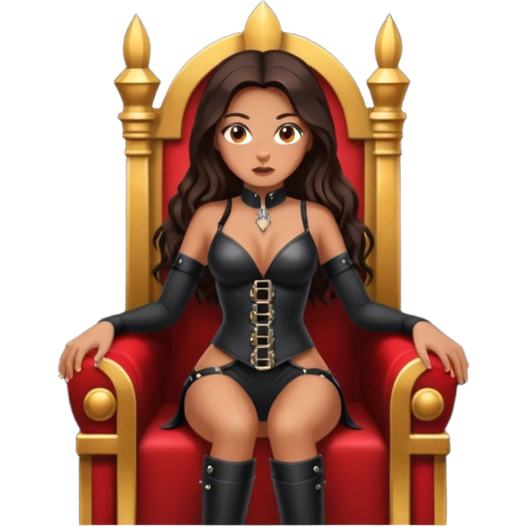 Tan skin with freckles, long dark hair, hazel eyes Dominatrix sitting on a throne emoji