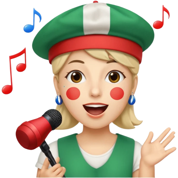 whimsical emoji of a person with an Italian flag hat, singing 'larili larila' with musical notes, playful and silly expression, vibrant colors, cartoon style emoji