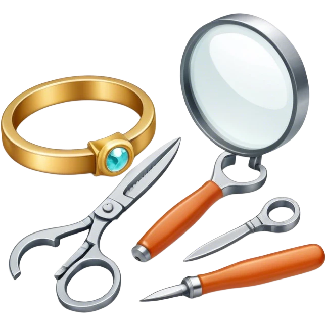 Jewelry art icon, one or two jewelry pieces (like a ring or pendant), visible tools like pliers, magnifying glass, and a workbench with materials, minimalistic style, clean lines, transparent background. emoji