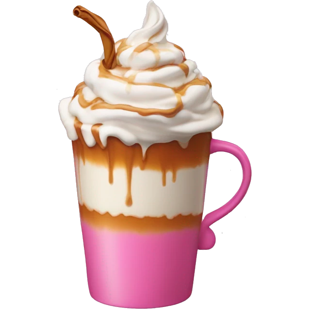 A hot drink with caramel dripping and whipped cream in a pink cup  emoji