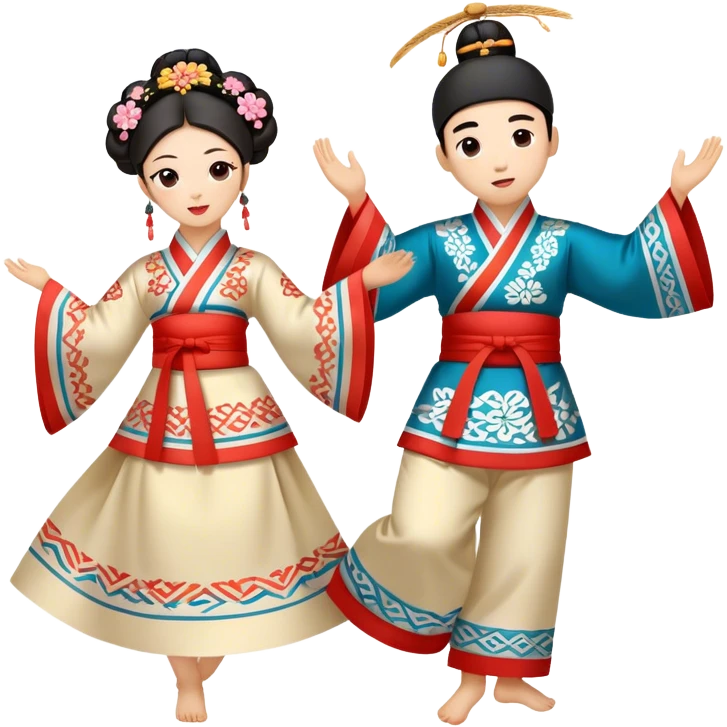 Cinematic Realistic scene of two performers engaging in Ganggangsullae, dressed in traditional Korean costumes with intricate patterns and graceful movements, illuminated by soft, festive lighting that accentuates the cultural ambiance emoji