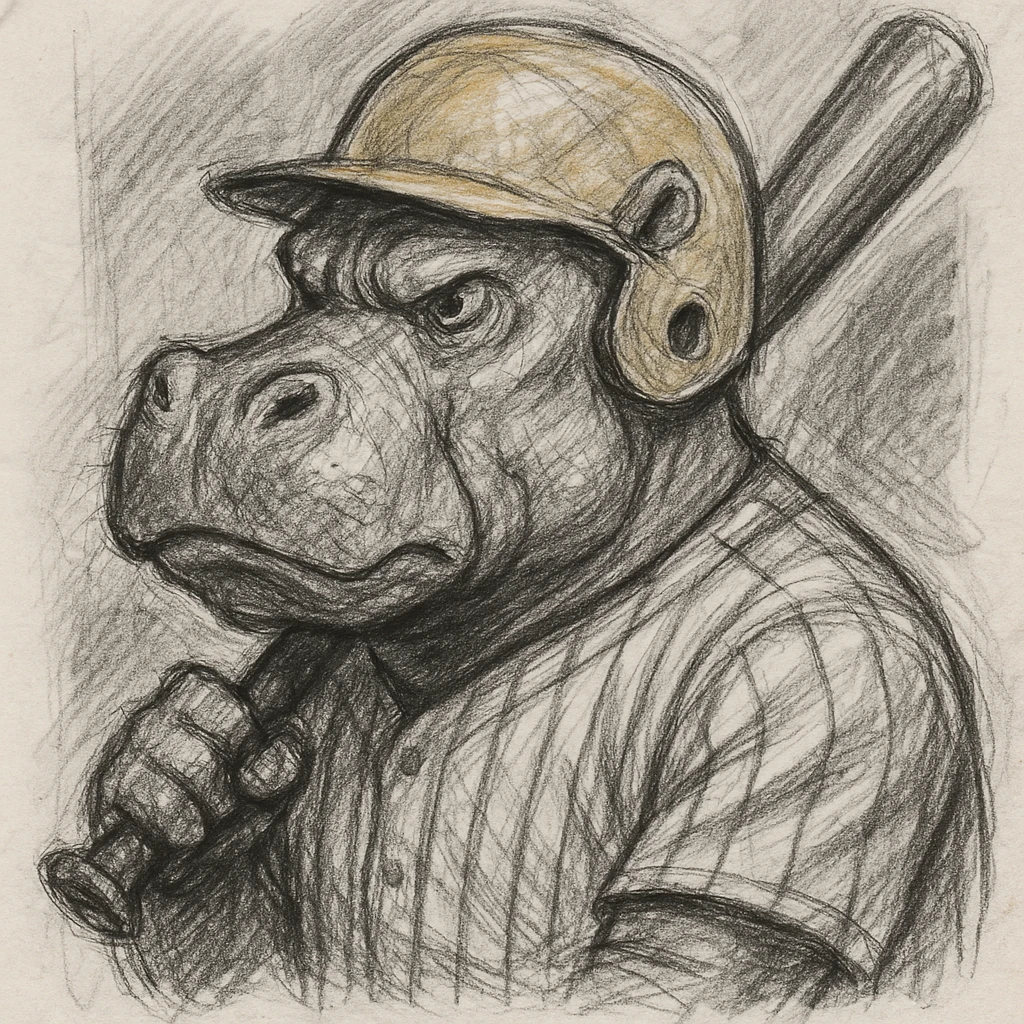 hippo holding a baseball bat, wearing a yellow helmet, pinstripes outfit emoji