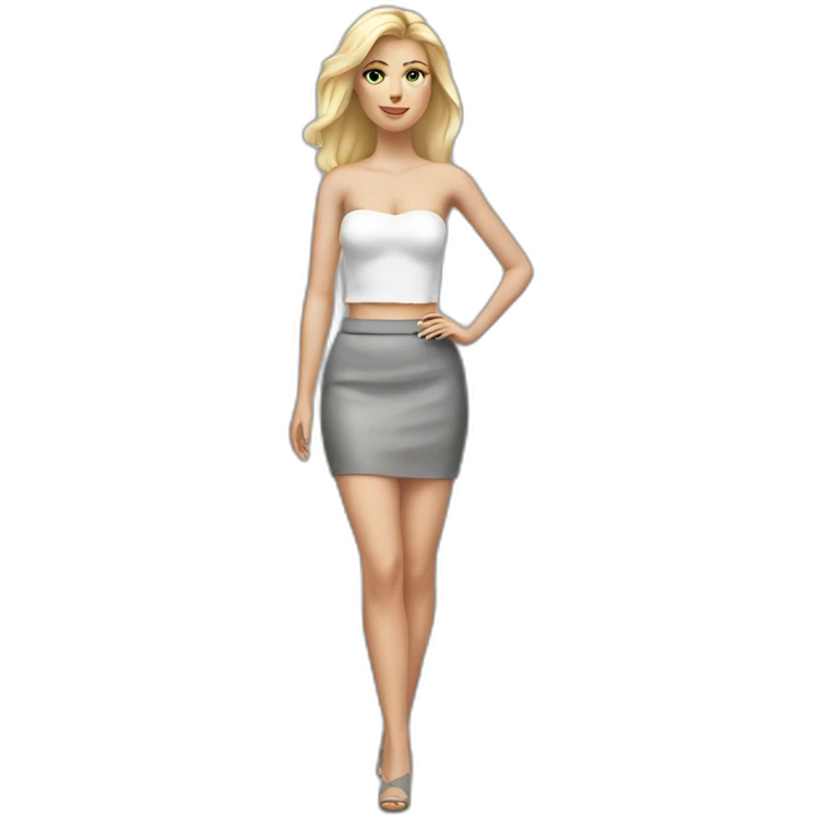 hyperrealistic caucasian long blonde woman white v-neck strapless top gray tight mini skirt emoji