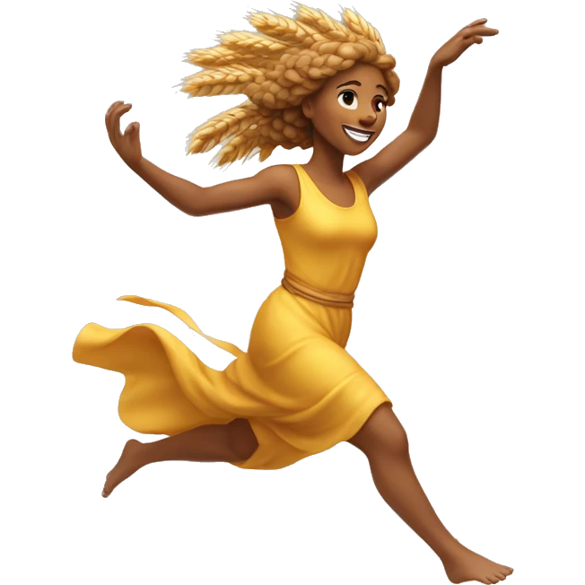 wheat harvest goddess, golden brown hair, sprinting with large stride and arms outstretched emoji