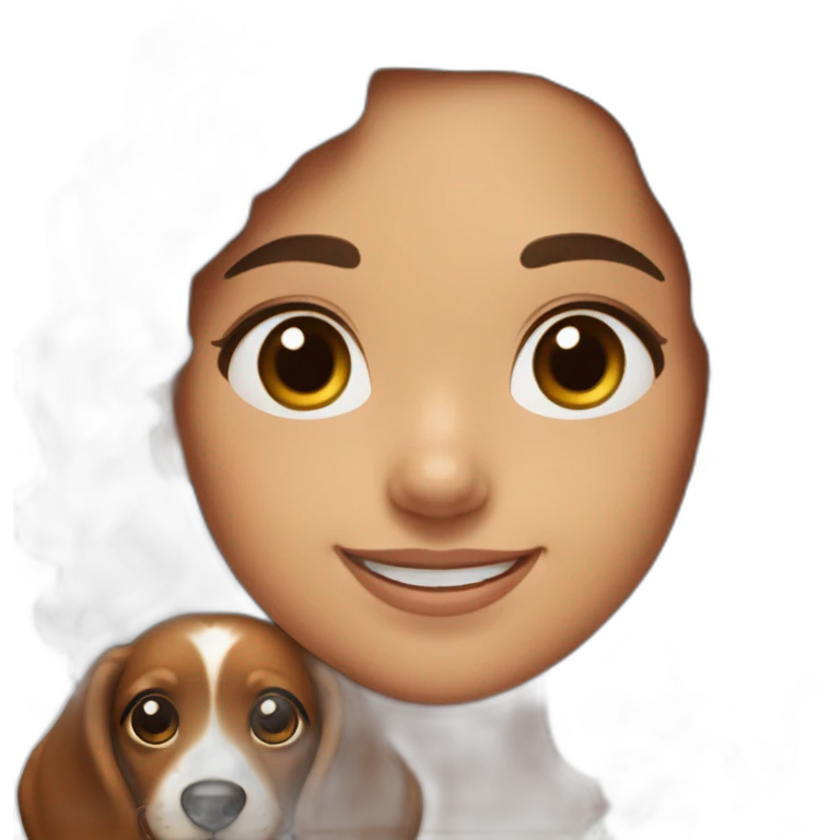 Girl long curly brown hair smiling and brown eyes with long eyelashes and holding a dachshund  in her arms emoji