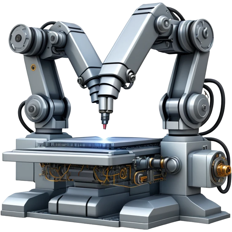An icon featuring a giant robotic machine welding a large microchip with a laser, using two robotic arms. The design includes circuit boards, gears, and technical schematics, symbolizing advanced engineering and automation. Transparent background highlights the fusion of technology emoji
