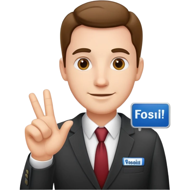 friendly salesman with a name tag, open hand gesture, business attire emoji