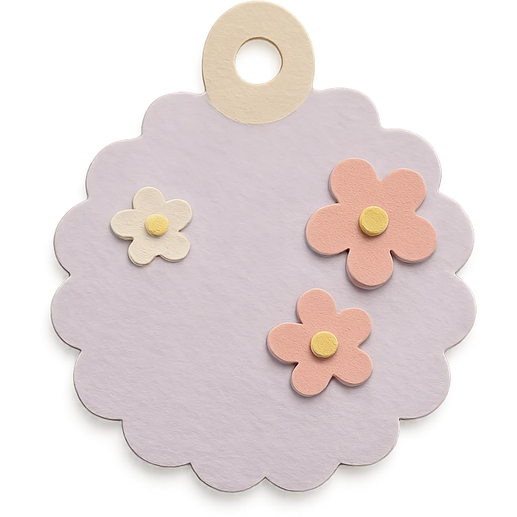soft pastel round scalloped tag sticker with tiny flowers, paper craft style emoji