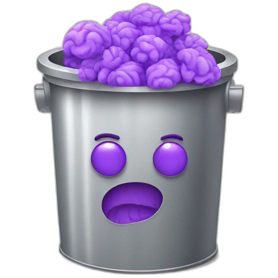 a silver trash bin with a smiley face full of purple brain emoji