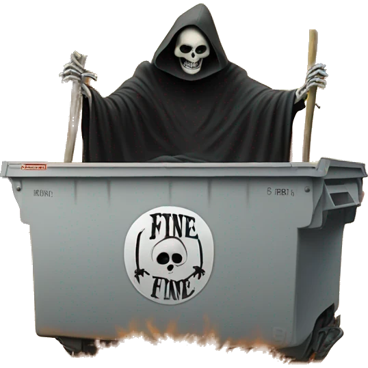 Grim Reaper sitting on a dumpster that's on fire, the dumpster has a sign on it that says Everything Is Fine emoji
