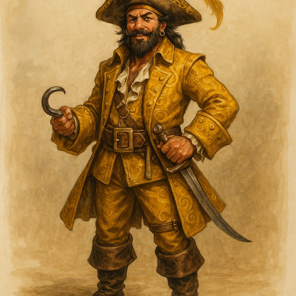 a pirate in a golden uniform and a hat with a golden feather, detailed, expressive, full body emoji