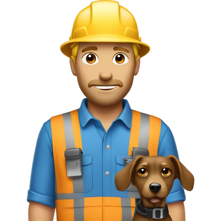Blonde male Construction worker wearing a hat and blue work wear with small black and brown curly dog  emoji