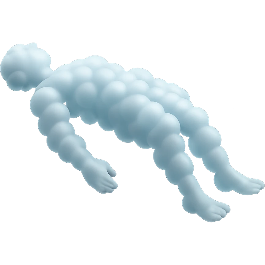 side view of unconscious person flying torso up, legs and arms down, made of small very bright white fluffy convex clouds, matte glass style emoji