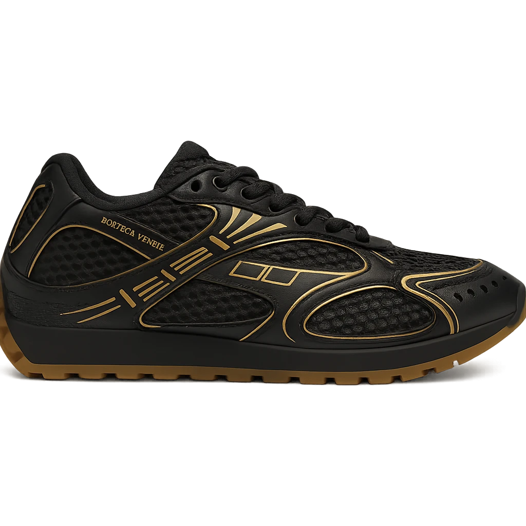 Recreate the Bottega Veneta Orbit sneaker in black with gold accents, keeping the exact design and details, side view, clean background, in a realistic and detailed style. emoji