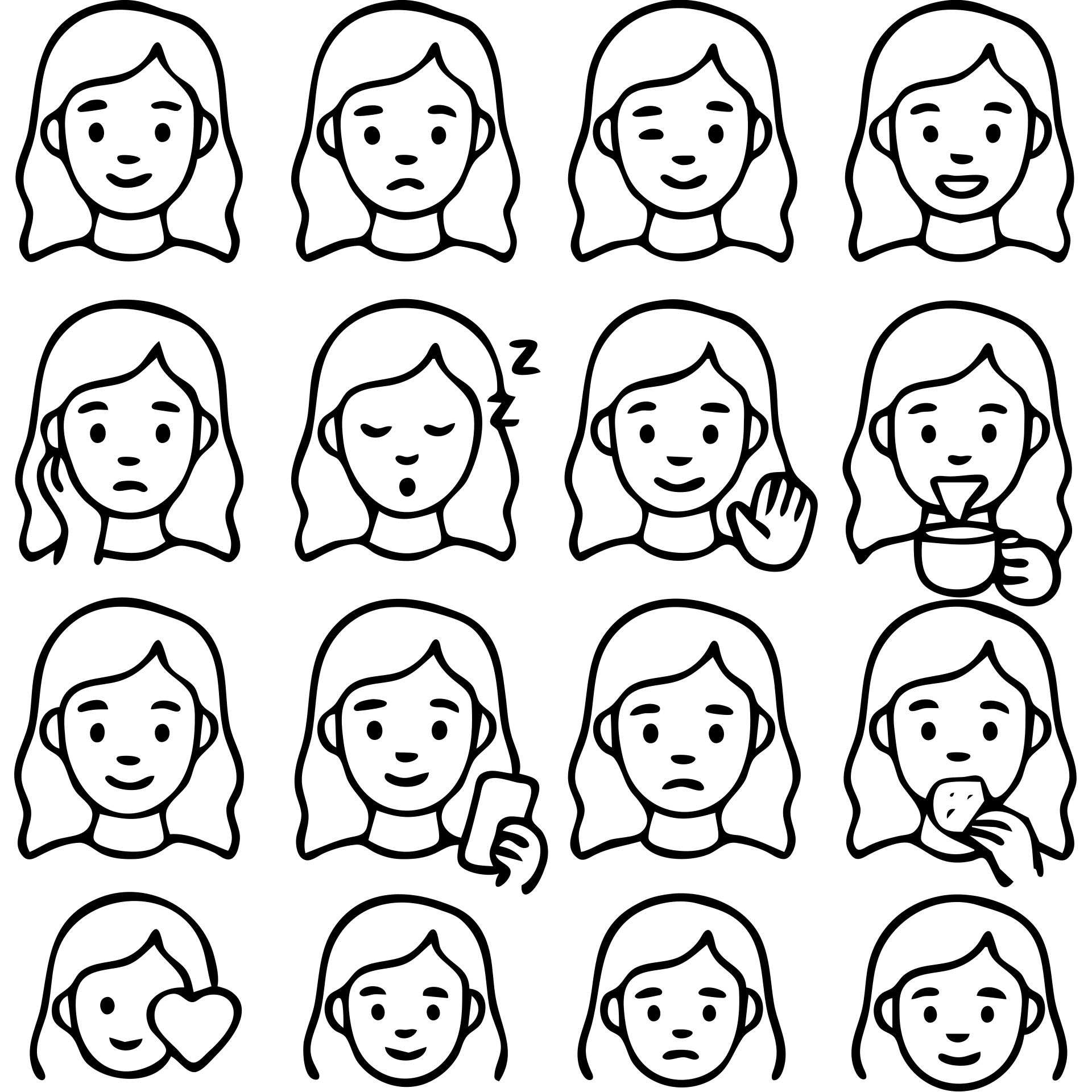 A set of emojis for a Telegram channel called 'Рыжая Начинка' featuring a red-haired girl with various expressions and activities, in the style of black and white outlined icons. emoji