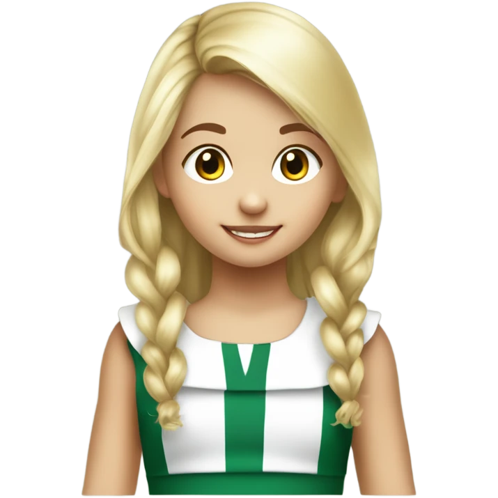 niña pequeña con melena por los hombros rubia y flequillo. Ropa babero de colegio a cuadros verde y blanco emoji