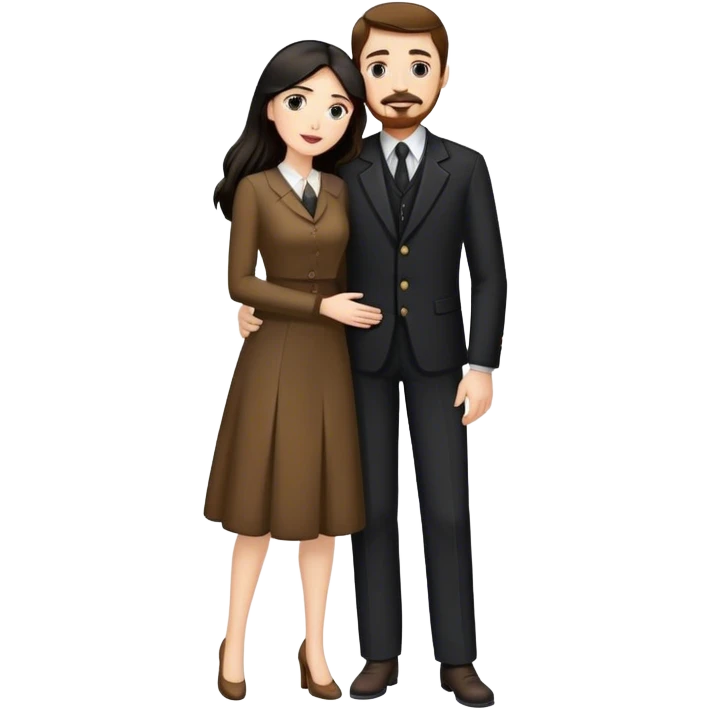 tall white man with brown hair goatee mustache embracing a pale woman with long black hair, wearing elegant clothing emoji