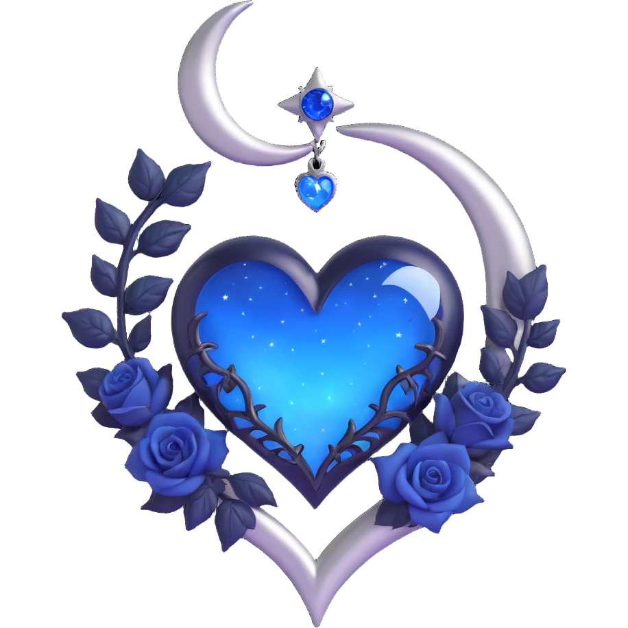 gothic heart, midnight blue glass, silver crescent moon, tiny black roses, shimmering stardust, with a glowing blue outline emoji