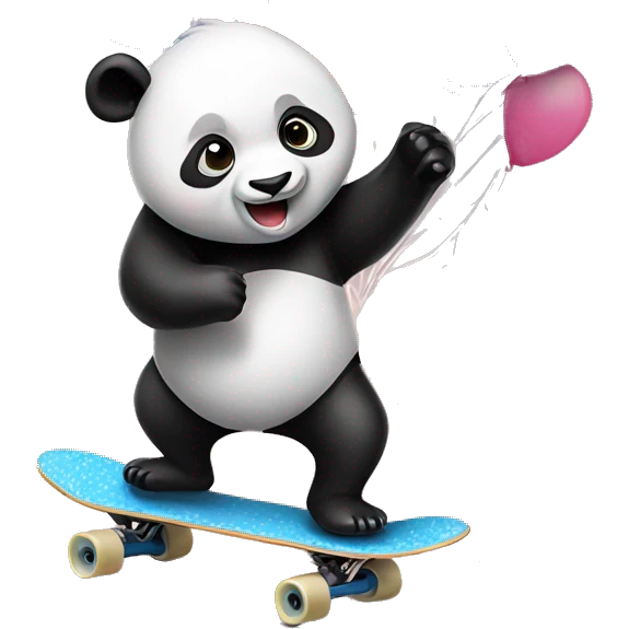 Panda holding balloons riding a skateboard emoji