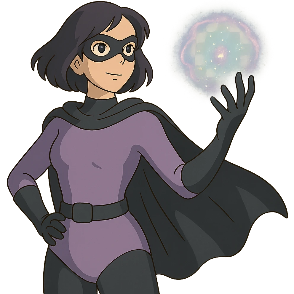 ghibli style superhero woman with soft purple and black costume, magical aura around her hand emoji