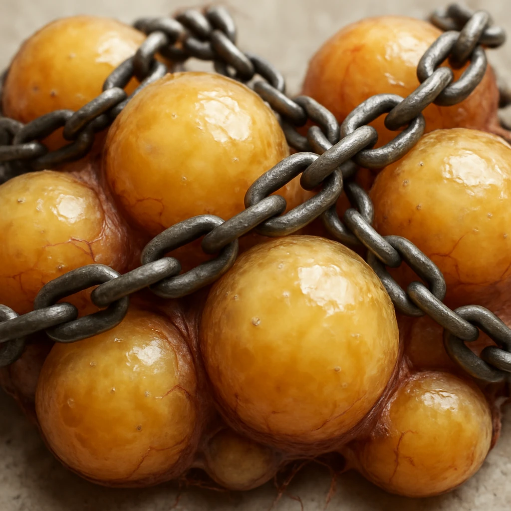 hyper realistic 4K adipocytes with visible lipid droplets, blocked by chains, microscopic details, neutral background emoji
