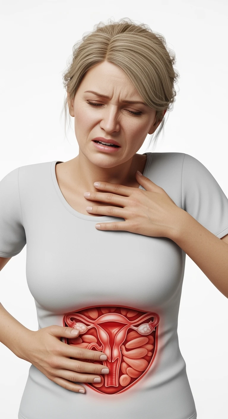 donna con utero umano realistico in evidenza dolorante, espressione di dolore in volto, sfondo bianco, non farla computerizzata, ma iperrealistica 4k emoji