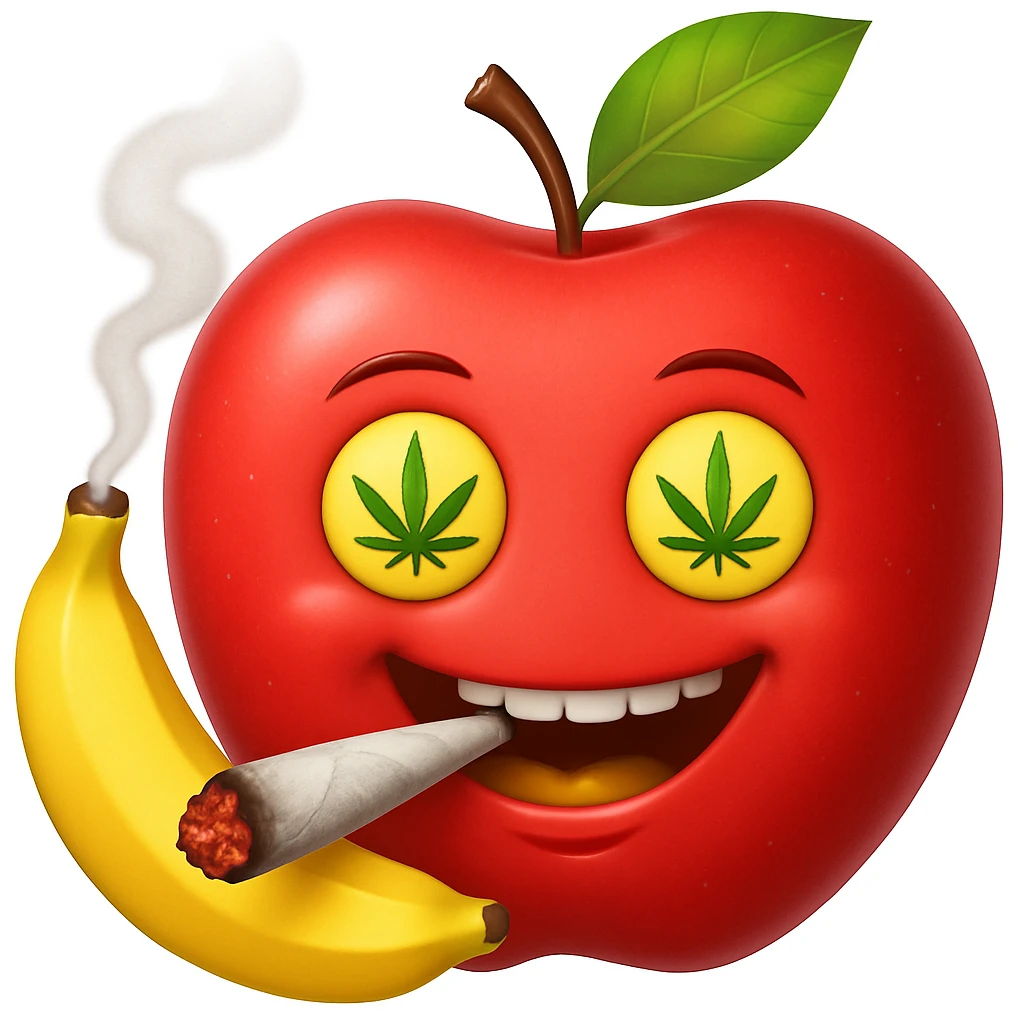 Add a cartoon joint with smoke to the smiley face made of apples as eyes and a banana as the mouth. Make it look like the face is smoking weed, keep the emoji style. emoji