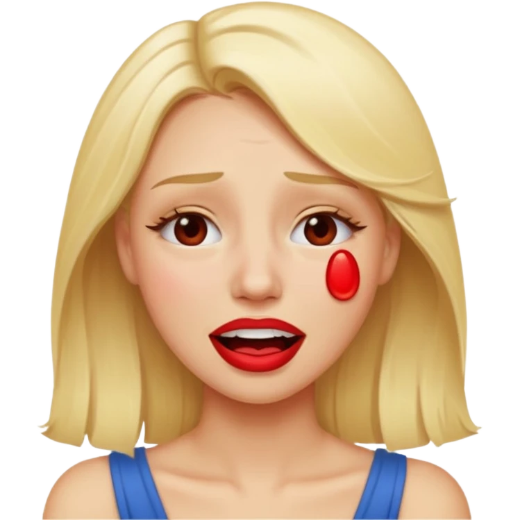 blonde having crying emoji tears from hard laughter. really happy in general, happy eyes. red lipstick emoji