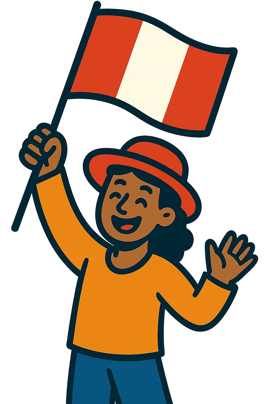 persona alegre ondeando la bandera peruana, estilo vibrante emoji