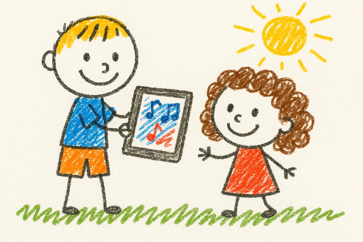 A 6-year-old boy playing music on his iPad for his 4-year-old sister with brown curly hair, in children's doodle style emoji