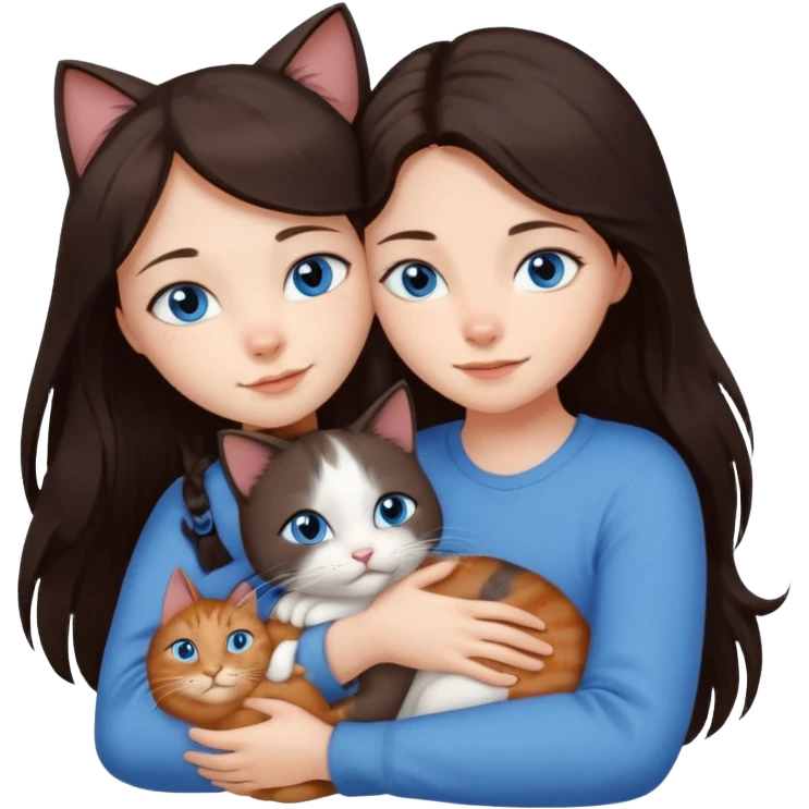 a girl with long dark 
brown hair, with blue eyes, hugs 3 different natural coloured cats emoji