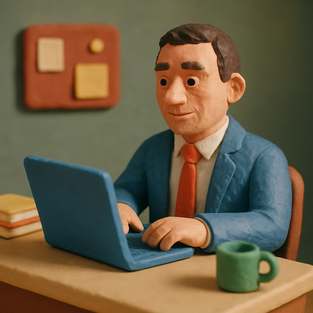 A 35-year-old male business coach sitting at a desk with a laptop emoji