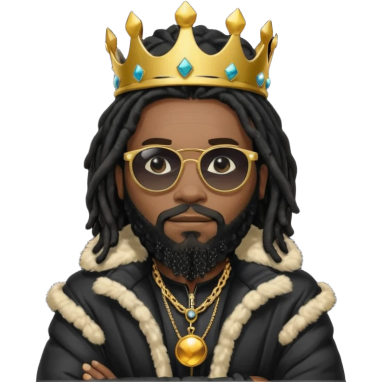 African American man with shoulder length black dreadlocks with black beard wearing  dark black sunglasses with a black bubble winter coat wearing a crown with arms folded emoji