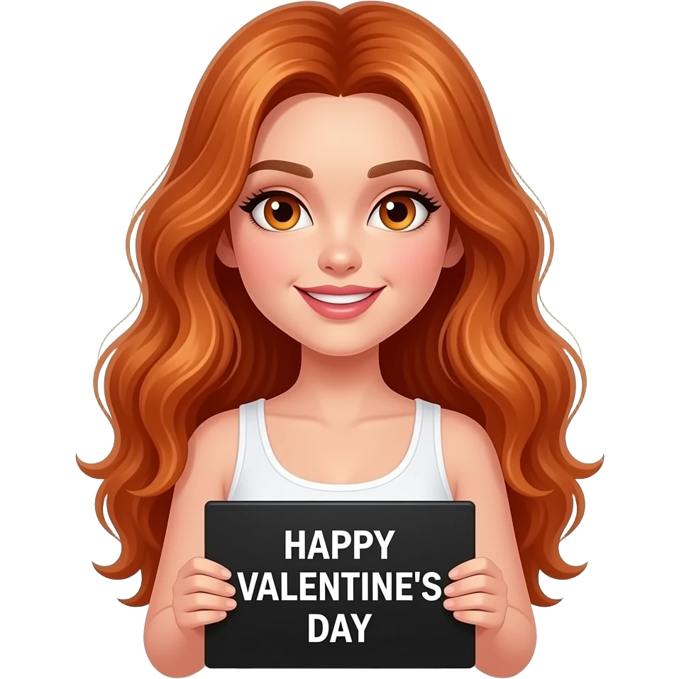 sexy girl with long wavy ginger hair and ginger eyes wearing a white tanktop is holding a black colored sign with HAPPY VALENTINE'S DAY written on it emoji
