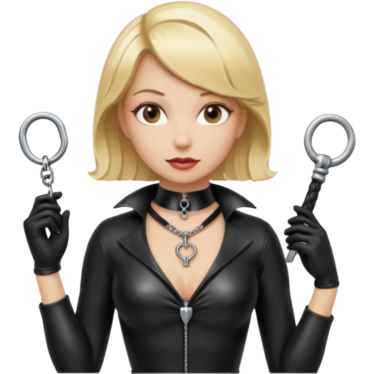 Dominatrix with blonde hair, latex outfit, old fashioned key necklace, and a whip emoji
