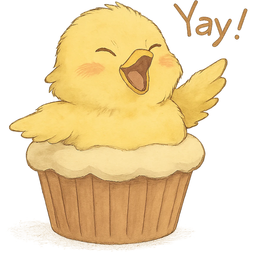 chick in cupcake costume shouting “Yay!”, soft Ghibli style emoji