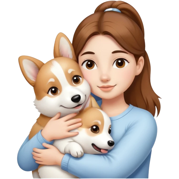 Girl with brown hair in a ponytail hugs a white corgi emoji