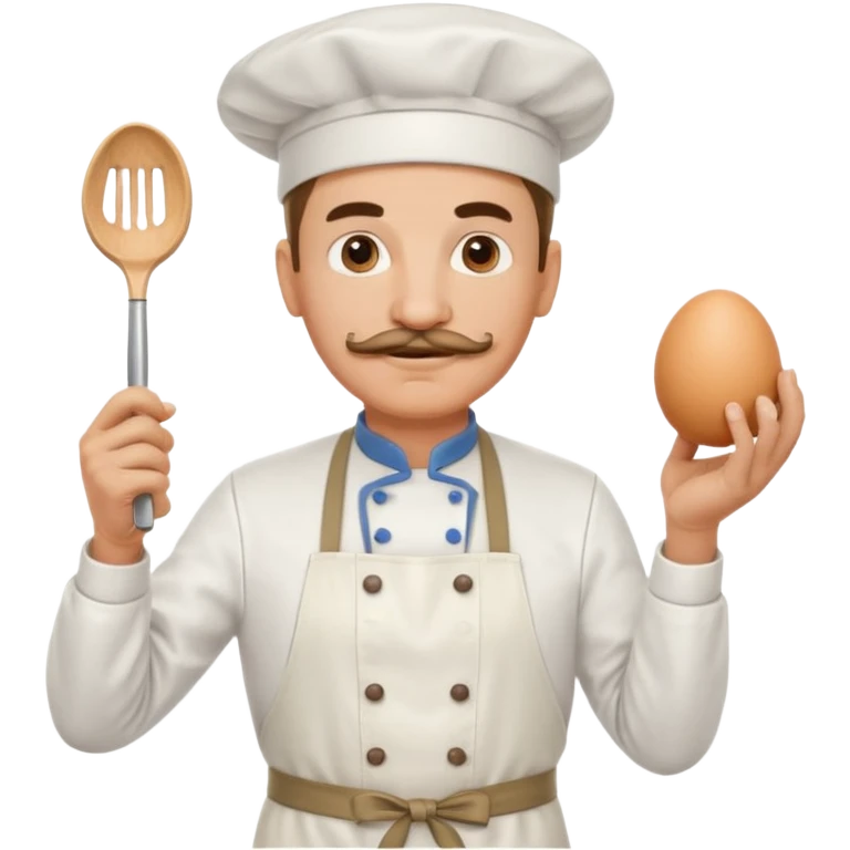 Middle aged male pastry chef - with a mustache, apron, white hat, and holding an egg beater in one hand emoji