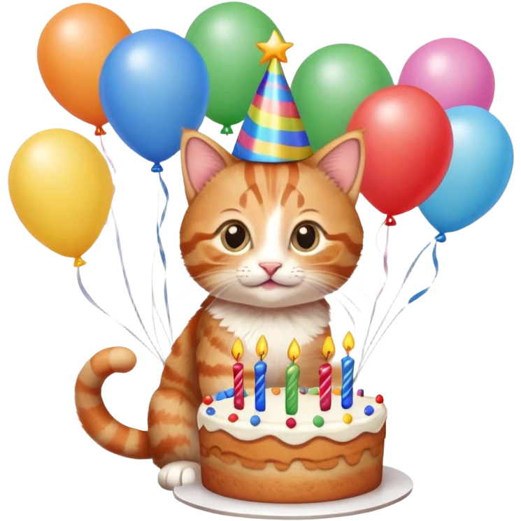 Ginger tabby kitten celebrates birthday, birthday hat, birthday cake, balloons, happy, gifts emoji