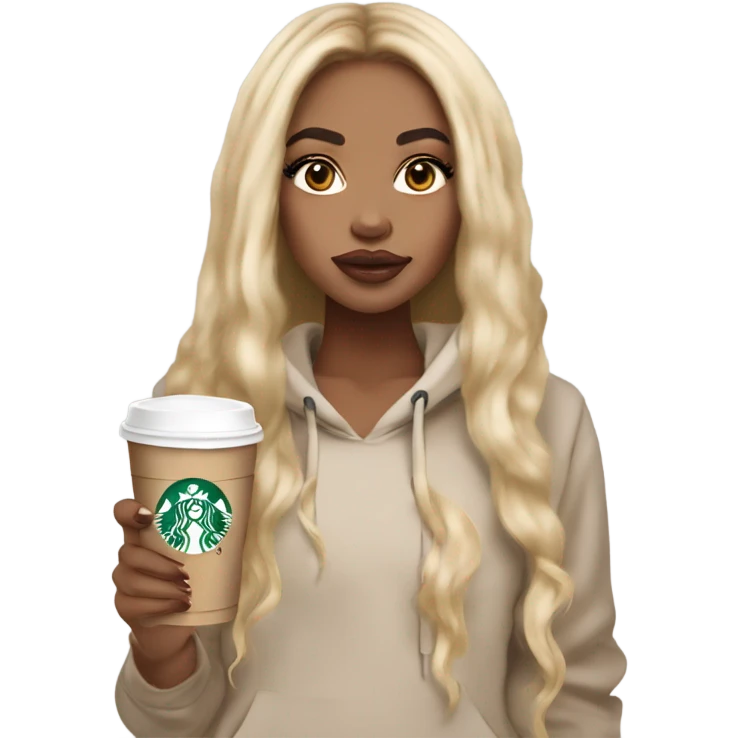 Light skin girl with long blonde hair extensions with big lips and lashes with a Starbucks in her hand and a beige hoodie on emoji