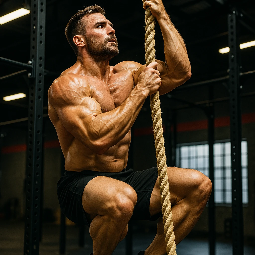 realistic 4K image of a crossfit athlete training rope climb exercise, prominent muscles, vertical movement, vivid colors, intense atmosphere, modern gym background emoji