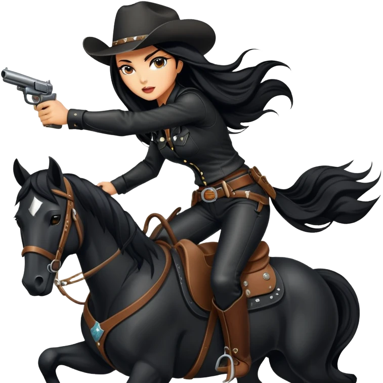 badass confident hot tanned woman with long black hair cowgirl style wearing black leather outfit with gun riding horse in action pose emoji