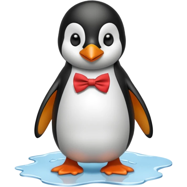 penguin, red bow tie, standing on small ice melting emoji