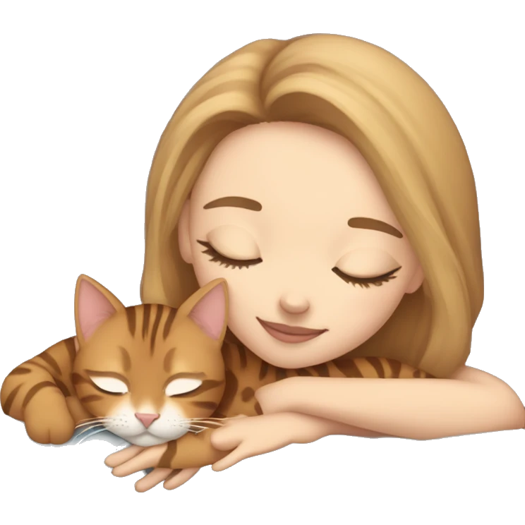 extremely light skin girl with light brown hair sleeping with cute bengal cat emoji